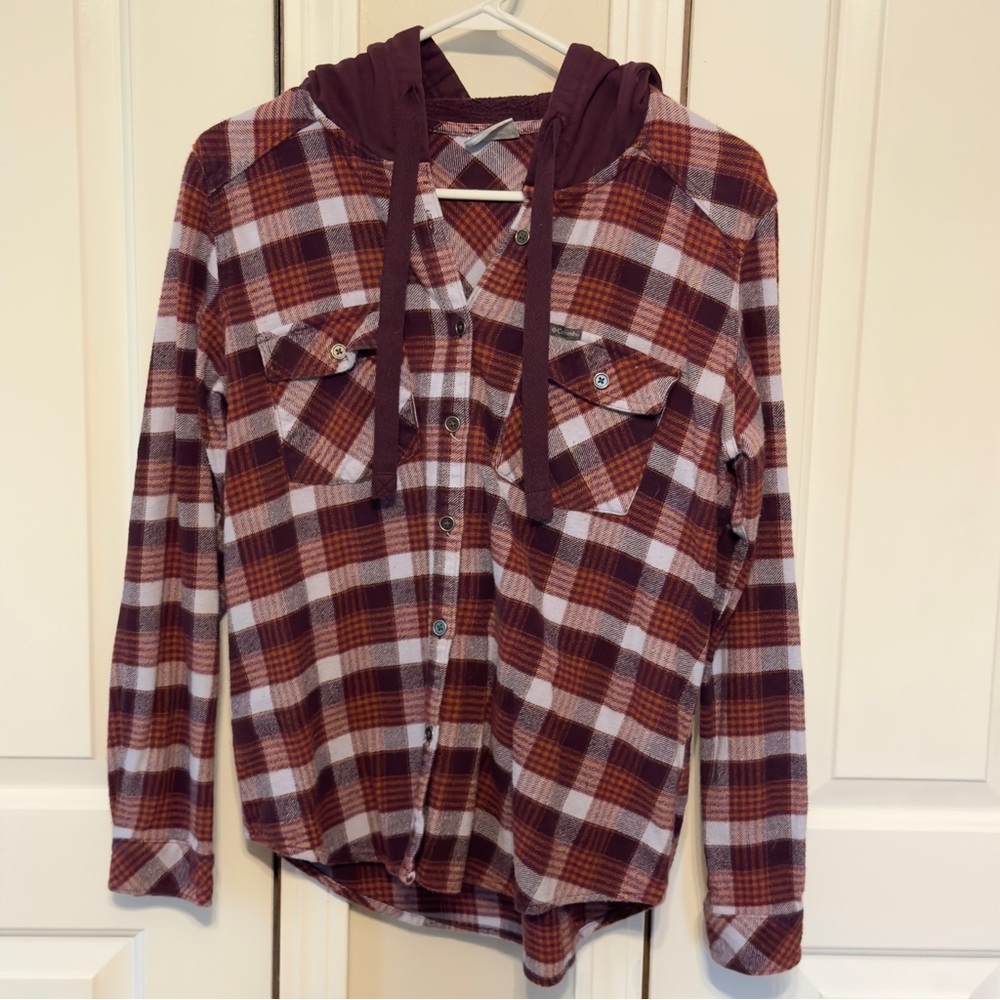 Columbia Brown and White Plaid Hooded Flannel Jacket